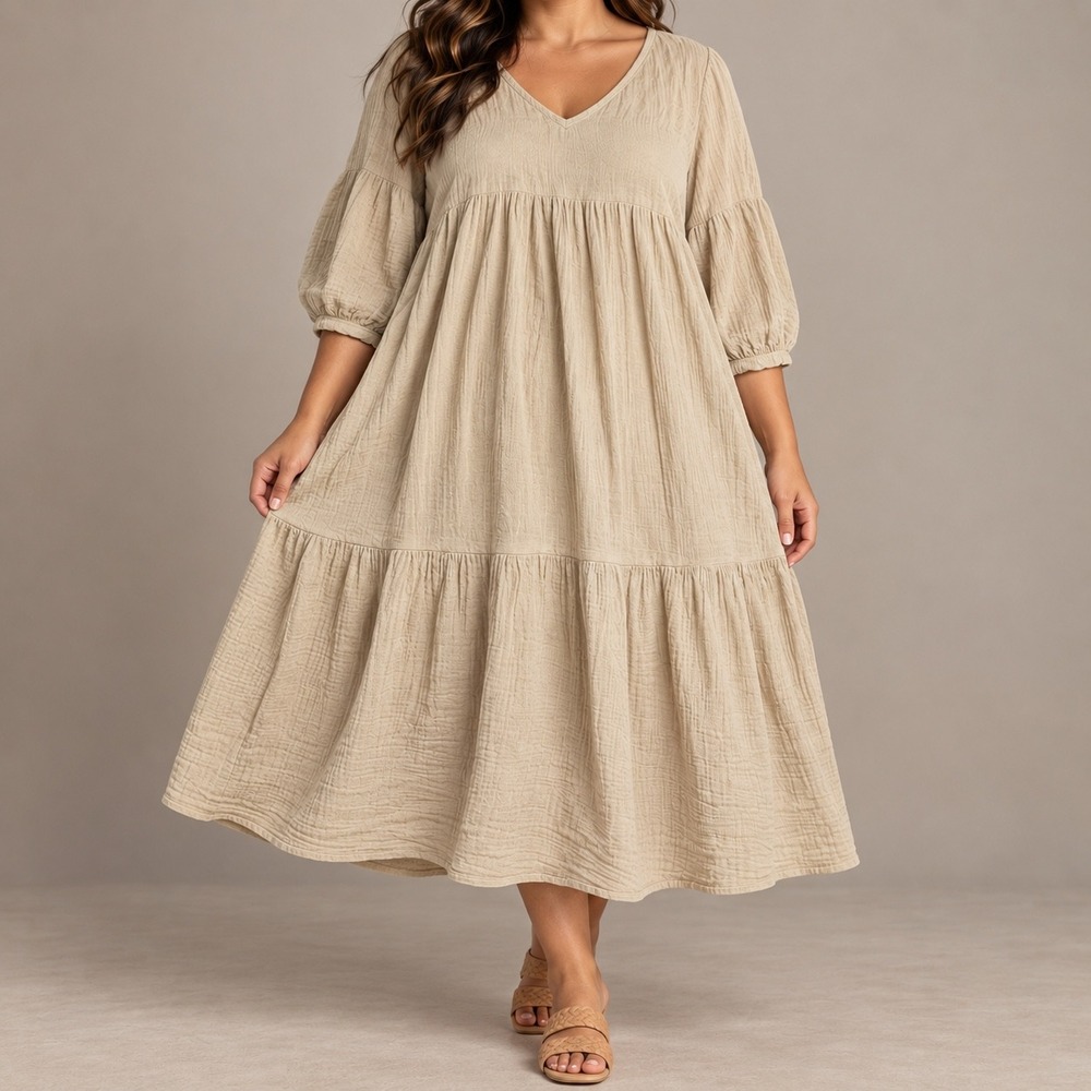 Rachel Pally Gauze Cecelia Dress XL Sand Beige Tiered Midi Balloon Sleeve V-Neck